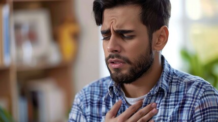 Obraz premium A man clutches his chest in pain. He is wearing a blue and white plaid shirt and has a beard. He is standing in a room with a bookshelf in the background.
