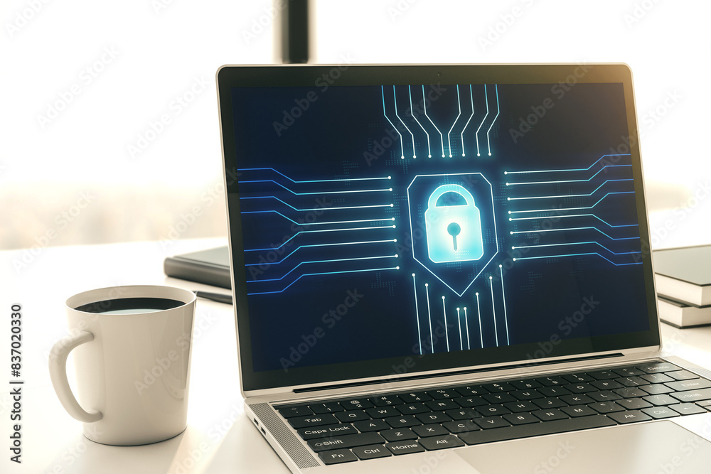 Aufkleber Modern computer monitor with creative lock hologram and chip. Information security concept. 3D Rendering