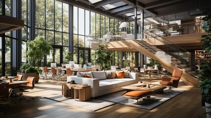 A modern open-plan office with flexible seating options, collaborative workspaces, and breakout areas, fostering teamwork and innovation among employees. Minimal and Simple,