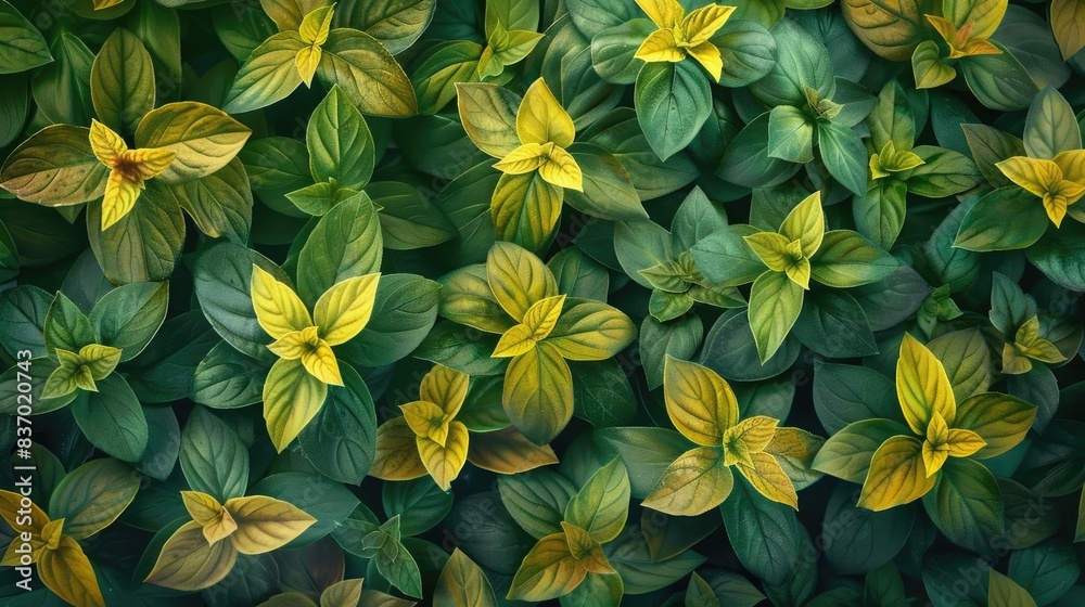 Poster a vibrant top view of dense, lush green and yellow leaves creating a natural lively pattern, perfect