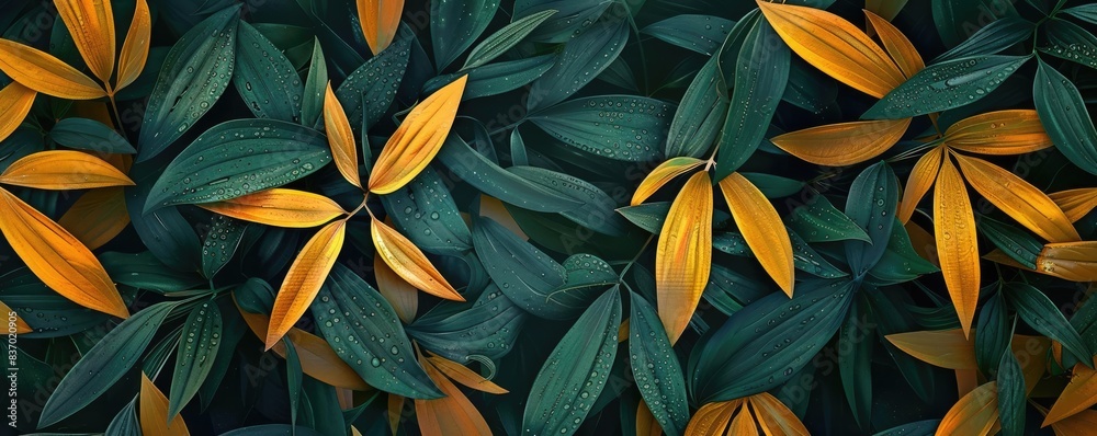 Poster beautiful leafy pattern with a mix of green and yellow leaves, creating a vibrant and natural botani