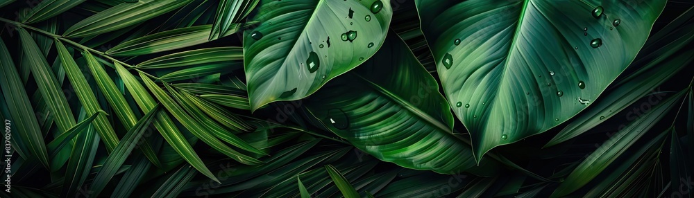 Poster lush green tropical leaves with water droplets, creating a serene and natural background perfect for