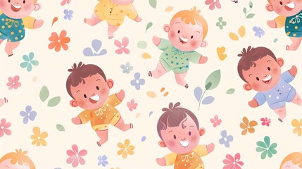 Fototapeta premium seamless wallpaper featuring charming baby illustrations adorned with cute flowers and leaf