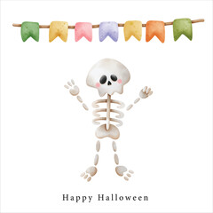 skull skeleton ghost with party flag, illustration Halloween horror element clipart