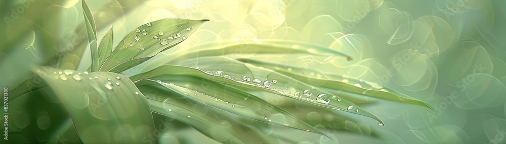Poster close-up of dewdrops on vibrant green leaves with a soft, blurred background, creating a refreshing 