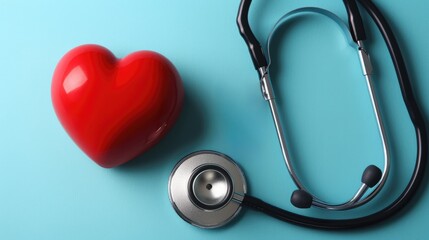 A red heart and a stethoscope on a blue background. 