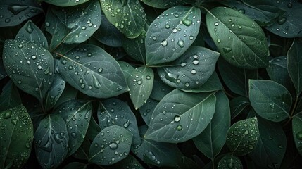 Obraz premium Close-up of raindrops on green leaves.