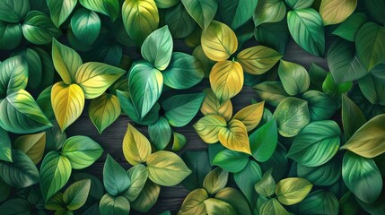 A vibrant collection of green and yellow leaves creating a beautiful natural pattern, perfect for nature-themed designs and backgrounds.