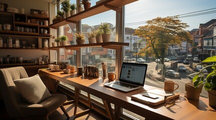 A cozy cafe workspace with comfortable seating, free Wi-Fi, and ambient background music, providing a relaxed yet productive environment for remote work and meetings. Minimal and Simple,