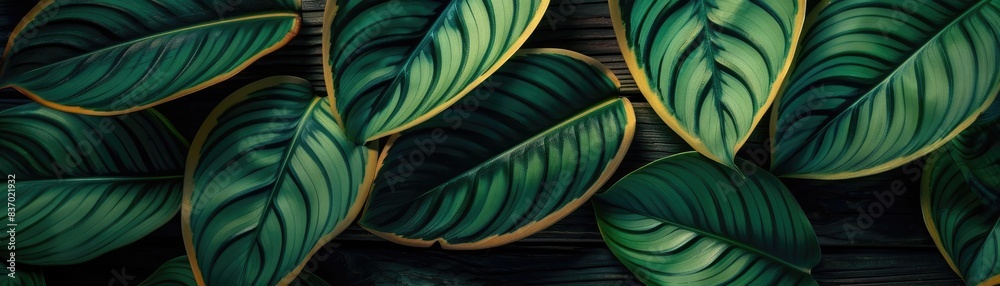 Poster close-up of vibrant green leaves arranged beautifully, showcasing intricate patterns and textures fo