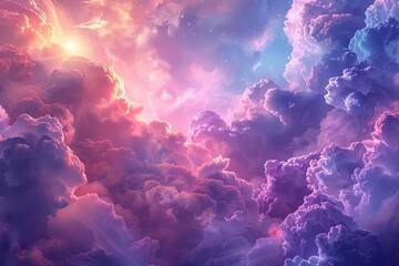 High-angle perspective of a celestial heaven, vibrant and lush cloudscapes with pastel colors, mystical and dreamlike, photorealistic digital art, radiant divine presence shining