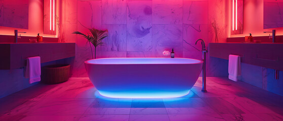 Illuminated Elegance: Contemporary Spa Bathroom with Neon Lighting and High-End Fixtures