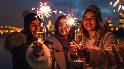 Three women are holding up glasses of champagne and smiling