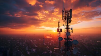 Dramatic Wireless Tech Cityscape at Sunset with Futuristic Skyscrapers and Telecommunication Towers