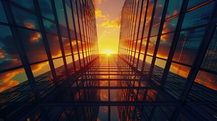 Birdseye panorama of a skyscraper silhouette against a sunset, emphasizing the buildings glass facade, ideal for real estate advertisements,