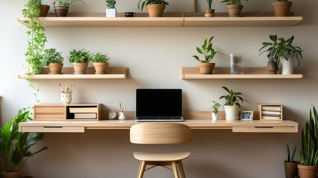 A minimalist home office with built-in shelving, concealed storage, and a sleek desk setup, maximizing space efficiency and organization for remote work. Minimal and Simple,