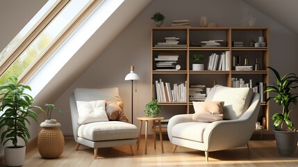 A cozy reading nook with a plush armchair, floor-to-ceiling bookshelves, and soft reading lights, providing a tranquil space for relaxation and intellectual stimulation. Minimal and Simple,