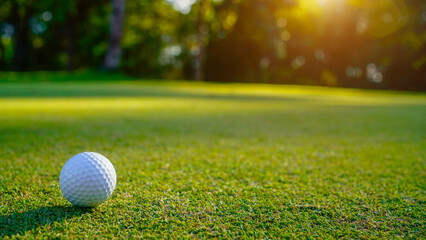 Golf ball is on a green lawn in a beautiful golf course with morning sunshine.