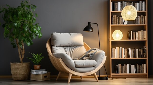 A cozy reading nook with a plush armchair, floor-to-ceiling bookshelves, and soft reading lights, providing a tranquil space for relaxation and intellectual stimulation. Minimal and Simple,