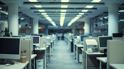 Empty Office Cubicles with Computers and Office Supplies