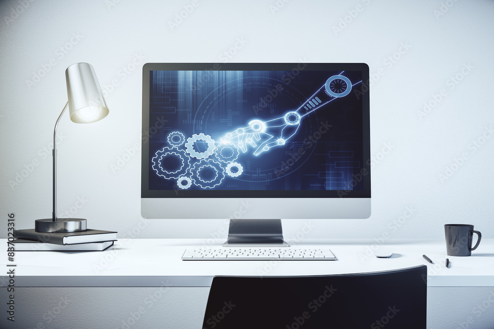 Poster Modern computer monitor with robotics technology hologram. Research and development software concept. 3D Rendering