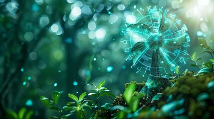 A digital hologram of a wind turbine amidst lush greenery, symbolizing clean energy and technology in a forest environment.
