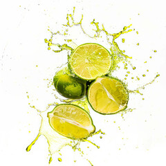 Close-up of a lime slice creating a refreshing splash on a pristine white background, showcasing the tangy zest and vibrant green color of the citrus fruit. AI generative.