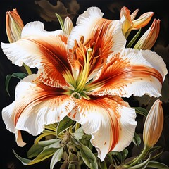 Beautiful close-up of a blooming orange and white lily flower, captured in stunning detail against a dark background.
