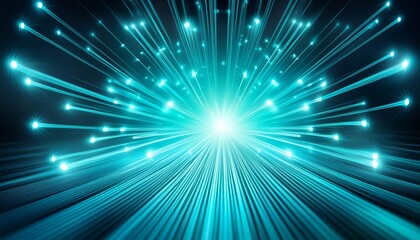 Obraz premium Turquoise fiber optic lights fanning out like a fountain from a central point, creating a mesmerizing visual effect. The radiant beams and sparkling dots evoke innovation, advanced technology.