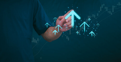 Planning and strategy, stock market, business growth, progress or success concept, businessman or trader showing growing virtual holographic stocks, invest in stock market trading or digital assets