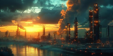 Fototapeta premium Dramatic sunset over an industrial plant, emitting smoke into the sky, reflecting environmental impacts and industrial activity.