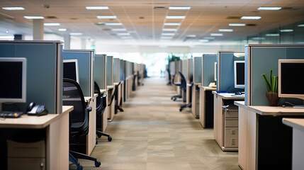 Empty Office Cubicles with Computers and Office Supplies