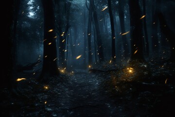 fireflies in a forest, dark magical mood