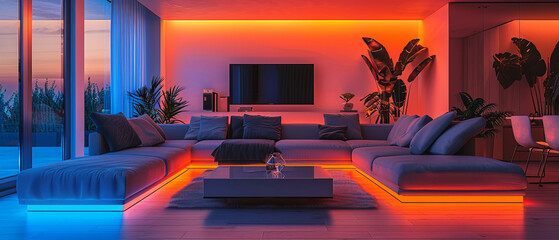 Sophisticated Neon-Lit Living Room with Minimalist Decor and Vibrant Ambiance