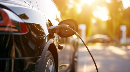 Electric car connected to a charging station, highlighting the power supply plug and cable