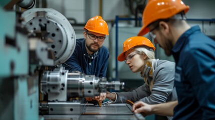 Team of mechanical engineers discussing product quality while operating a lathe machine