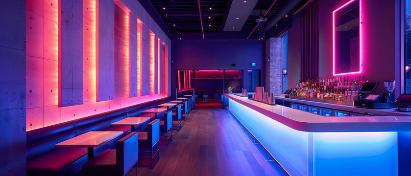 Illuminated Elegance: Stylish Neon-Lit Bar with Minimalist Decor and Vibrant Ambiance