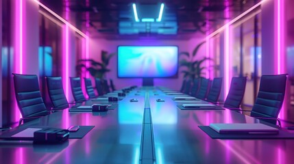 Obraz premium Futuristic Boardroom Meeting: Technology vs. Ethics in Purple and White Palette with Low-Poly Art Design
