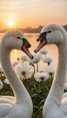 Obraz premium Two white swans in forest