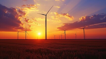 Obraz premium Beautiful sunset over the windmills on the field