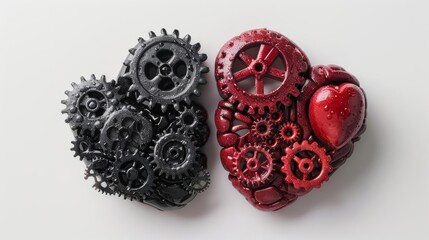 Brain and heart linked by gears, showcasing the integration of cognitive and emotional processes, clean white background