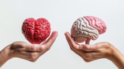 Brain and heart held in each hand by a person, showing balance between logic and emotion, isolated on white