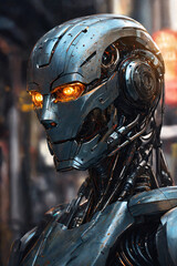 Fototapeta premium Face of humanoid metal robot close-up. Glowing eyes.