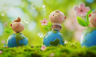 Detailed 4k render of Earth Day NFT figures, featuring CHIKOROCKO designer vinyl toy style, highlighting environmental awareness in a cute and colorful manner. AI generative.