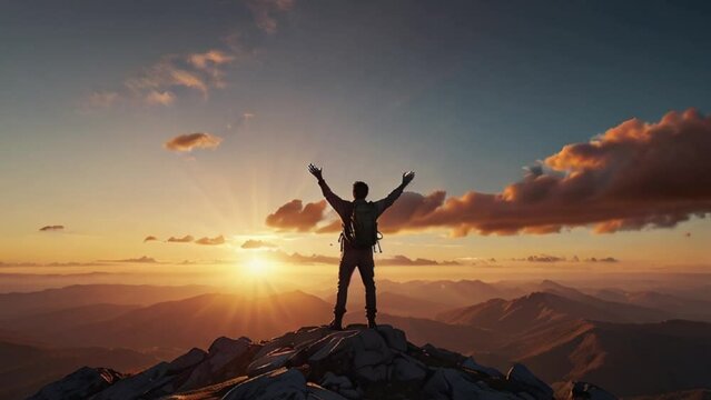 Silhouette of Man Celebrating Success on Mountaintop at Sunset