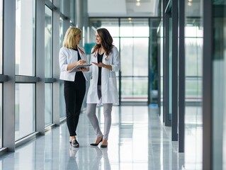 Pharmaceutical sales representative talking with doctor in medical building, presenting new medication