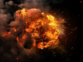 Realistic fiery explosion over a dark background, Large fireball with black smoke