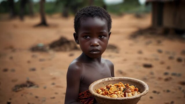 Young African Boy Holding Bowl of Food in Rural Village