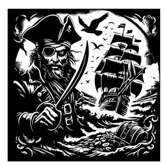 Fototapeta premium Cartoon Black and White Isolated Illustration Vector Of A Swashbuckling Pirate Holding A Sword with Pirate Ship