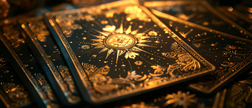 Mystical Tarot Cards with Elegant Gold Leaf Embellishments Arranged in a Fan Formation on Wooden Table